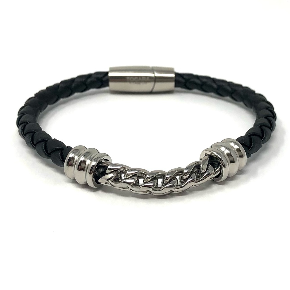 Tocara Stephan men’s black leather and stainless steel bracelet - 8.5” - NWT